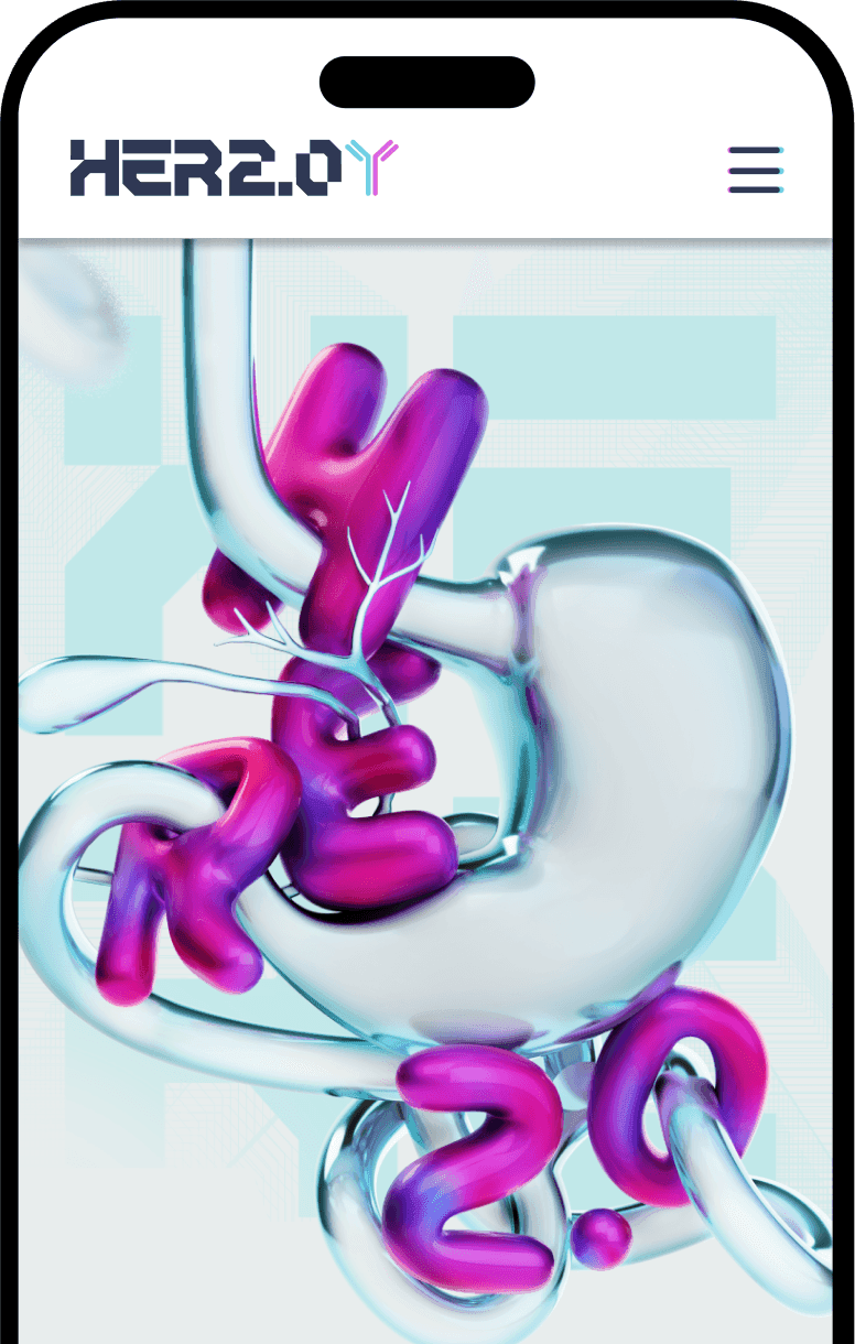 HER2.0Y microsite on a phone with a 3D stomach illustration
