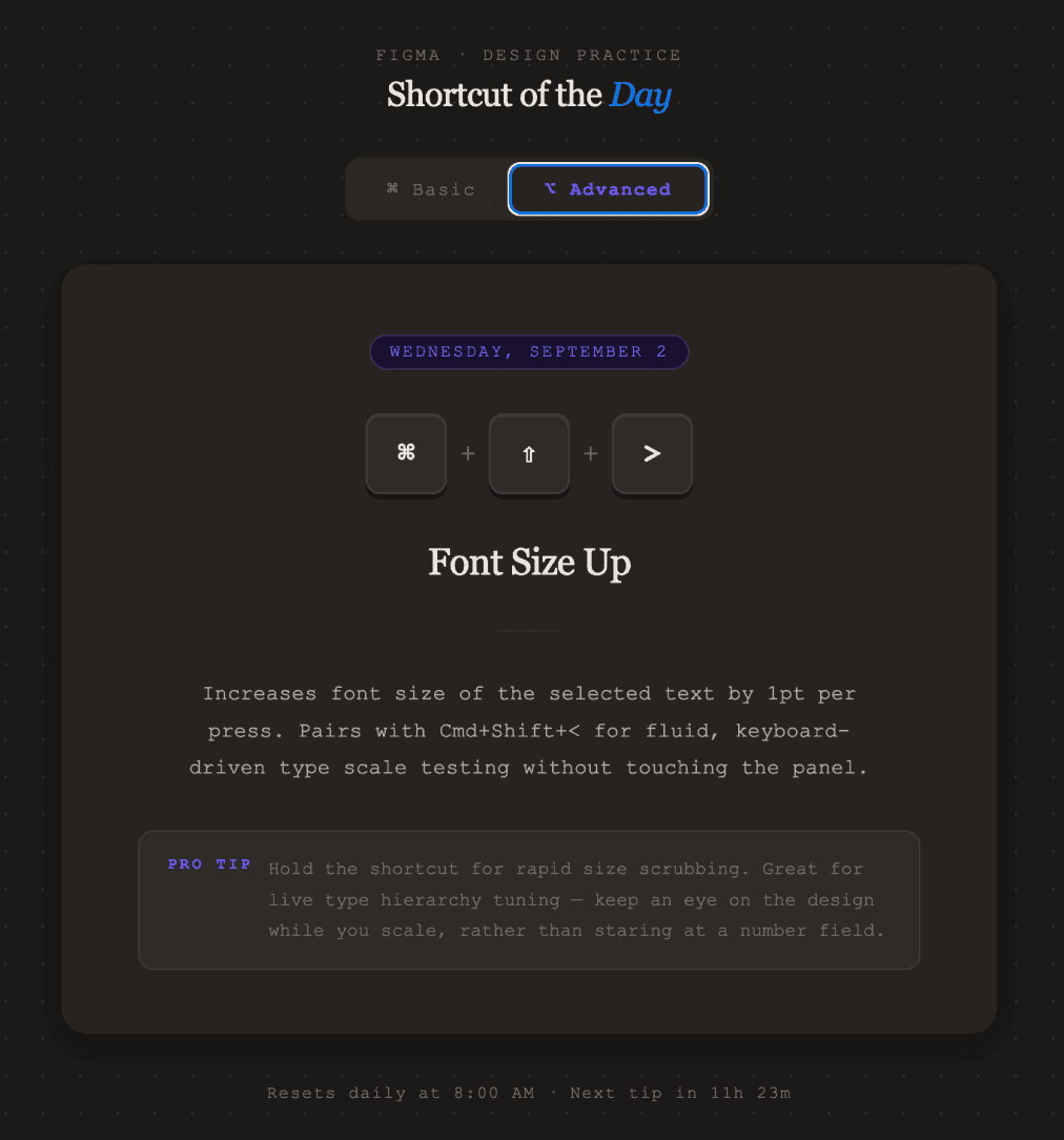 Figma Tip of the Day showing a keyboard shortcut